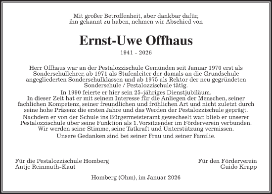 Traueranzeige von Ernst-Uwe Offhaus von Alsfelder Allgemeine, Oberhessische Zeitung