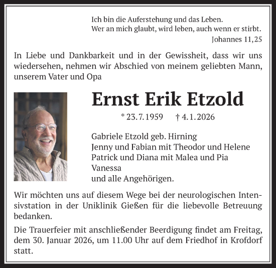 Traueranzeige von Ernst Erik Etzold von Giessener Allgemeine, Alsfelder Allgemeine