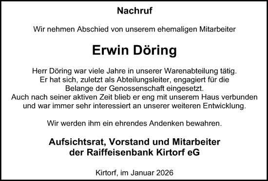 Traueranzeige von Erwin Döring von Oberhessische Zeitung