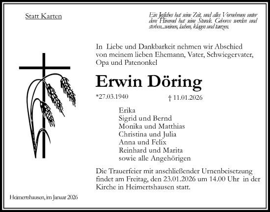 Traueranzeige von Erwin Döring von Oberhessische Zeitung