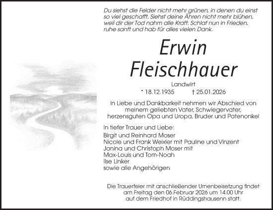 Traueranzeige von Erwin Fleischhauer von Giessener Allgemeine, Alsfelder Allgemeine