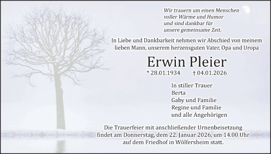 Traueranzeige von Erwin Pleier von Wetterauer Zeitung