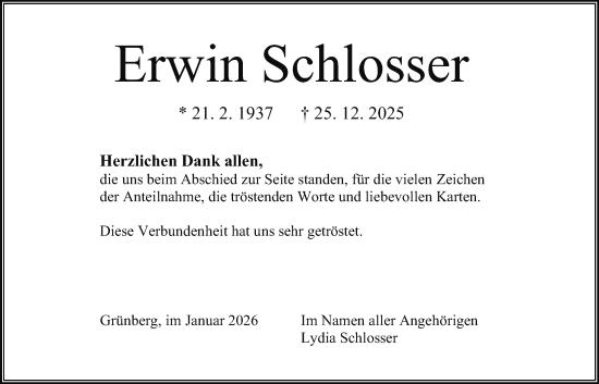 Traueranzeige von Erwin Schlosser von Giessener Allgemeine, Alsfelder Allgemeine