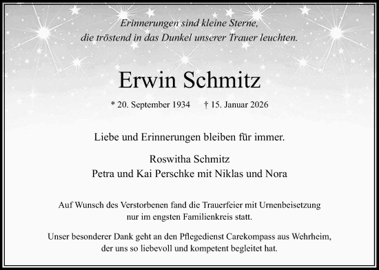Traueranzeige von Erwin Schmitz von Usinger Anzeiger