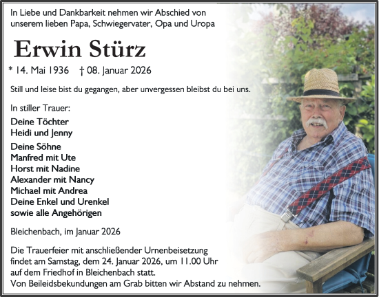 Traueranzeige von Erwin Stürz von Kreis-Anzeiger