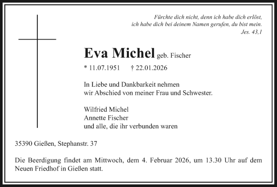 Traueranzeige von Eva Michel von Giessener Allgemeine, Alsfelder Allgemeine, Giessener Anzeiger