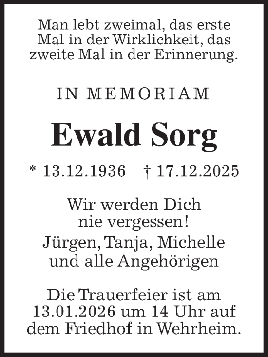 Traueranzeige von Ewald Sorg von Usinger Anzeiger