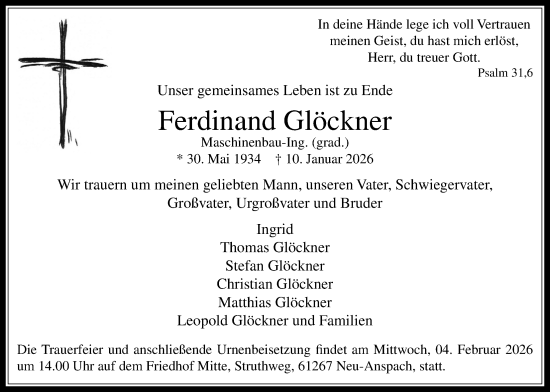 Traueranzeige von Ferdinand Glöckner von Usinger Anzeiger, Usinger Anzeigenblatt