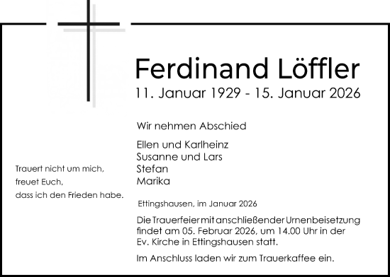 Traueranzeige von Ferdinand Löffler von Giessener Allgemeine, Alsfelder Allgemeine