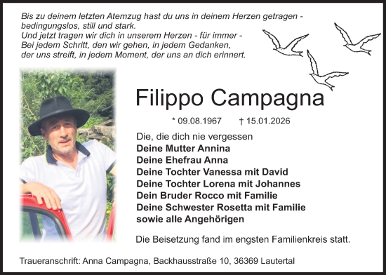 Traueranzeige von Filippo Campagna von Lauterbacher Anzeiger, 