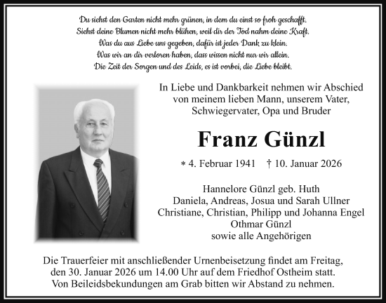 Traueranzeige von Franz Günzl von Butzbacher Zeitung