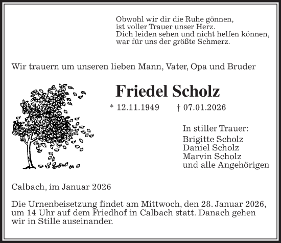 Traueranzeige von Friedel Scholz von Kreis-Anzeiger
