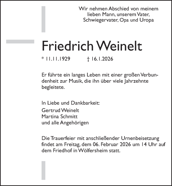 Traueranzeige von Friedrich Weinelt von Wetterauer Zeitung