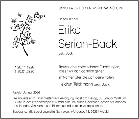 Traueranzeige von Frika Serian-Back von Oberhessische Zeitung