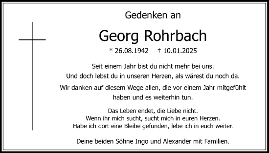 Traueranzeige von Georg Rohrbach von Oberhessische Zeitung, Lauterbacher Anzeiger