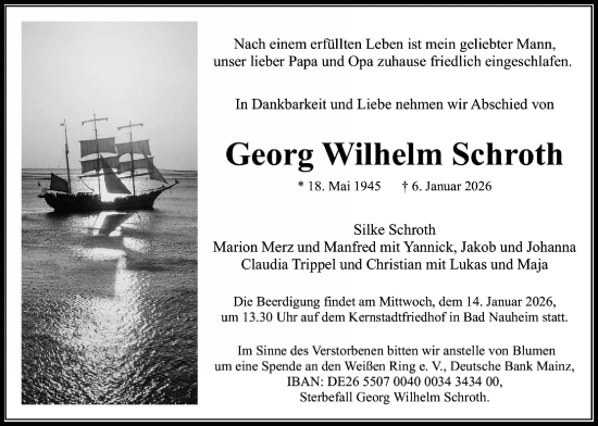 Traueranzeige von Georg Wilhelm Schroth von Butzbacher Zeitung, Wetterauer Zeitung