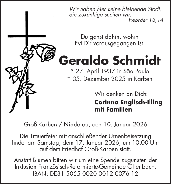 Traueranzeige von Geraldo Schmidt von Wetterauer Zeitung