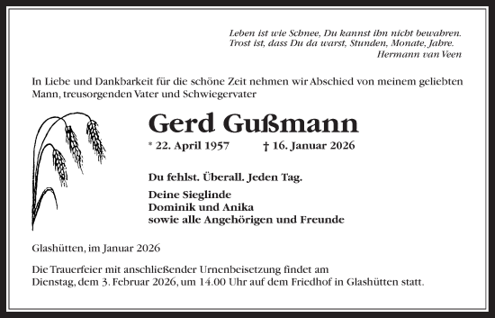 Traueranzeige von Gerd Gußmann von Kreis-Anzeiger