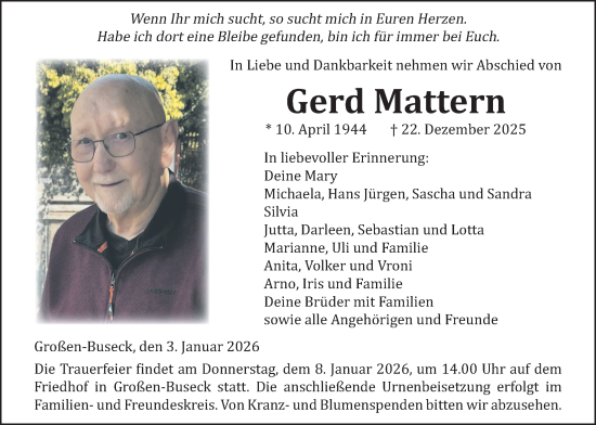 Traueranzeige von Gerd Mattern von Giessener Anzeiger, Giessener Allgemeine, Alsfelder Allgemeine