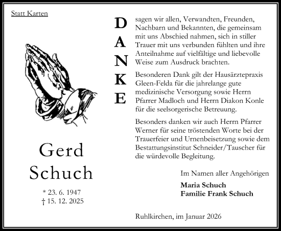 Traueranzeige von Gerd Schuch von Oberhessische Zeitung