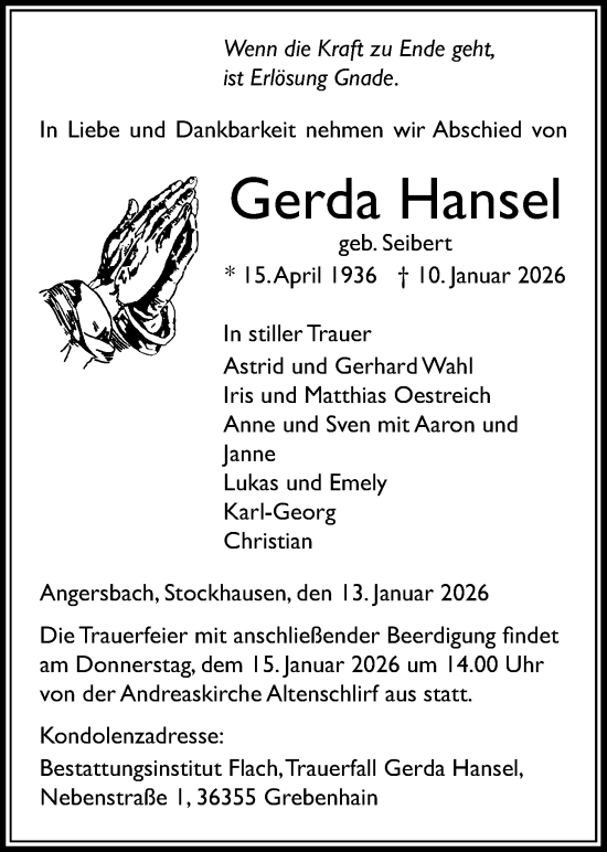 Traueranzeige von Gerda Hansel von Lauterbacher Anzeiger