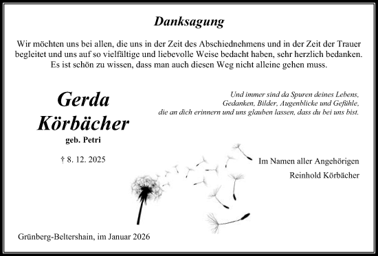 Traueranzeige von Gerda Körbächer von Giessener Allgemeine, Alsfelder Allgemeine