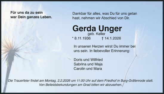 Traueranzeige von Gerda Unger von Bad Vilbel/Karben