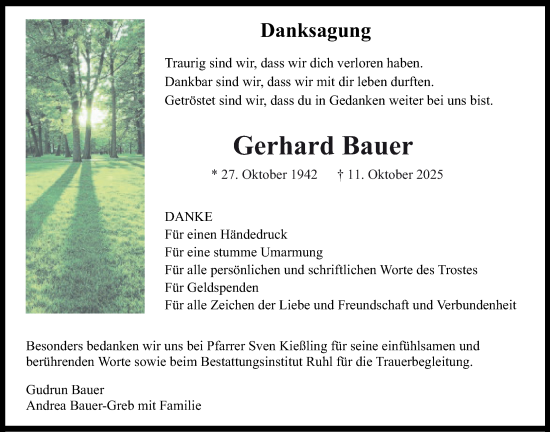 Traueranzeige von Gerhard Bauer von Lauterbacher Anzeiger, 