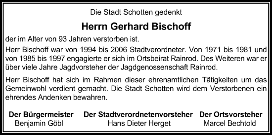Traueranzeige von Gerhard Bischoff von Kreis-Anzeiger