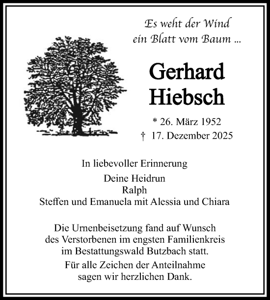 Traueranzeige von Gerhard Hiebsch von Licher Wochenblatt