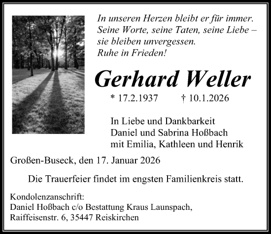 Traueranzeige von Gerhard Weller von Giessener Anzeiger