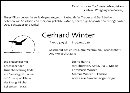 Traueranzeige von Gerhard Winter von Giessener Allgemeine, Alsfelder Allgemeine