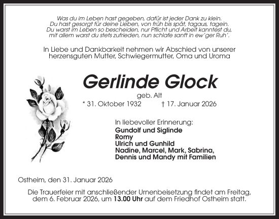 Traueranzeige von Gerlinde Glock von Kreis-Anzeiger