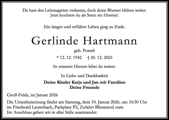 Traueranzeige von Gerlinde Hartmann von Oberhessische Zeitung, Lauterbacher Anzeiger