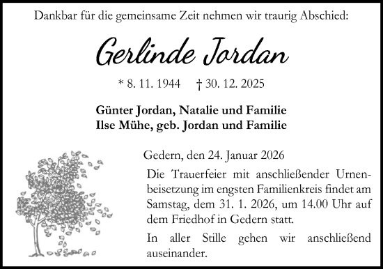 Traueranzeige von Gerlinde Jordan von Kreis-Anzeiger