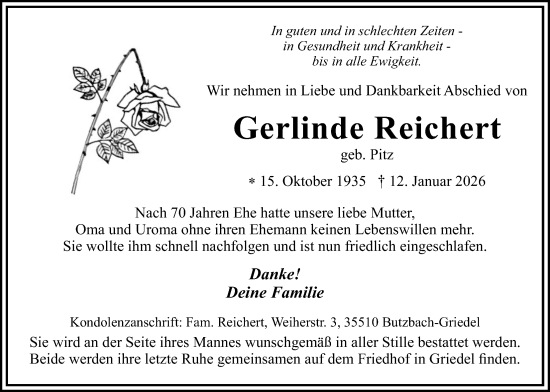 Traueranzeige von Gerlinde Reichert von Butzbacher Zeitung