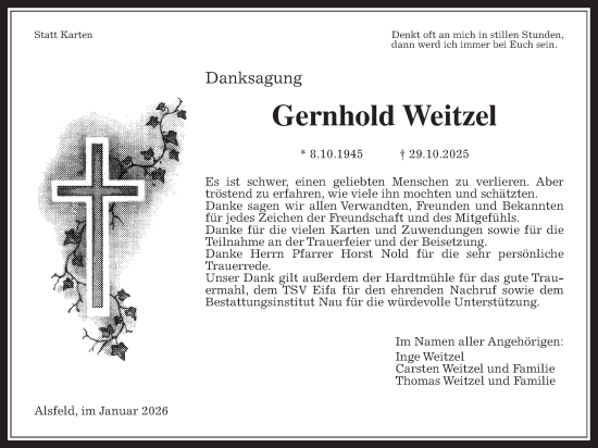 Traueranzeige von Gernhold Weitzel von Oberhessische Zeitung