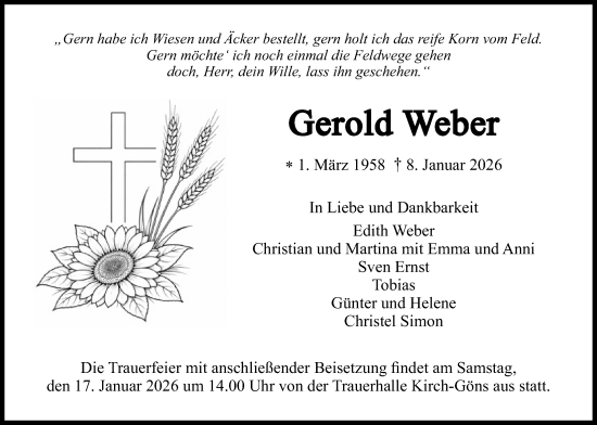 Traueranzeige von Gerold Weber von Butzbacher Zeitung, Wetterauer Zeitung
