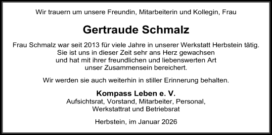 Traueranzeige von Gertraude Schmalz von Lauterbacher Anzeiger