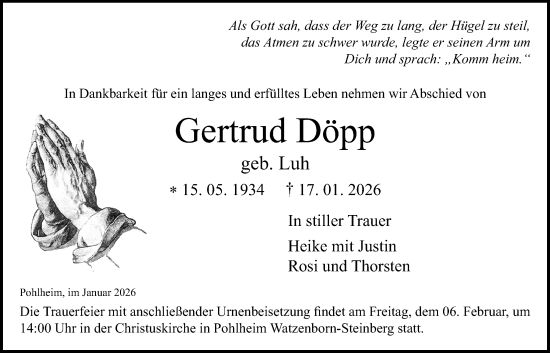 Traueranzeige von Gertrud Döpp von Pohlheimer Nachrichten