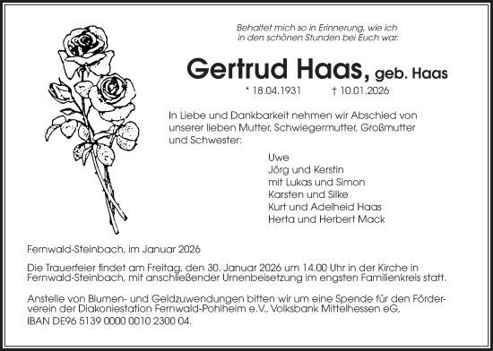Traueranzeige von Gertrud Haas von Giessener Anzeiger, Giessener Allgemeine, Alsfelder Allgemeine