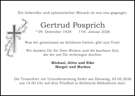 Traueranzeige von Gertrud Posprich von Bad Vilbel/Karben
