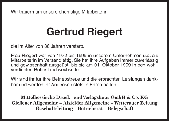 Traueranzeige von Gertrud Riegert von Giessener Allgemeine, Alsfelder Allgemeine