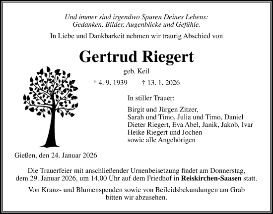 Traueranzeige von Gertrud Riegert von Giessener Allgemeine, Alsfelder Allgemeine