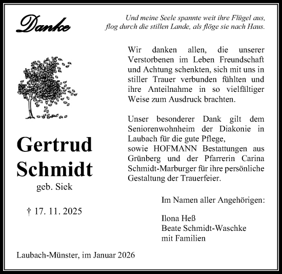Traueranzeige von Gertrud Schmidt von Laubacher Anzeiger