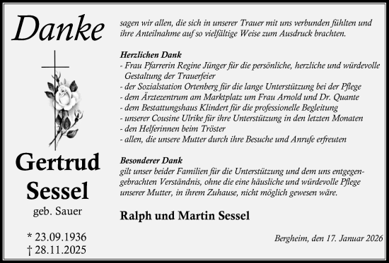 Traueranzeige von Gertrud Sessel von Kreis-Anzeiger