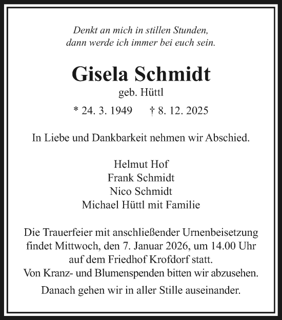 Traueranzeige von Gisela Schmidt von Giessener Anzeiger, Giessener Allgemeine, Alsfelder Allgemeine