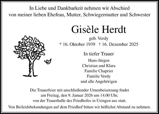 Traueranzeige von Gisele Herdt von Usinger Anzeiger, Usinger Anzeigenblatt