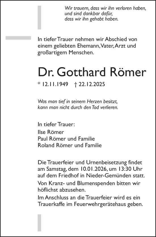 Traueranzeige von Gotthard Römer von Giessener Allgemeine, Alsfelder Allgemeine, Oberhessische Zeitung, Giessener Allgemeine, Alsfelder Allgemeine, Oberhessische Zeitung