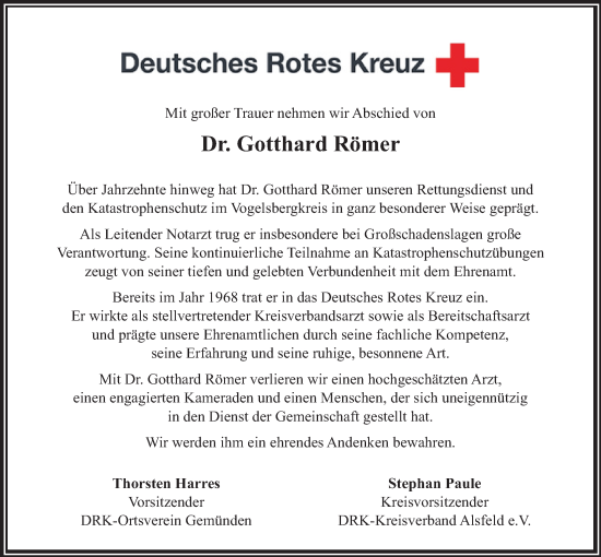 Traueranzeige von Gotthard Römer von Oberhessische Zeitung, Alsfelder Allgemeine